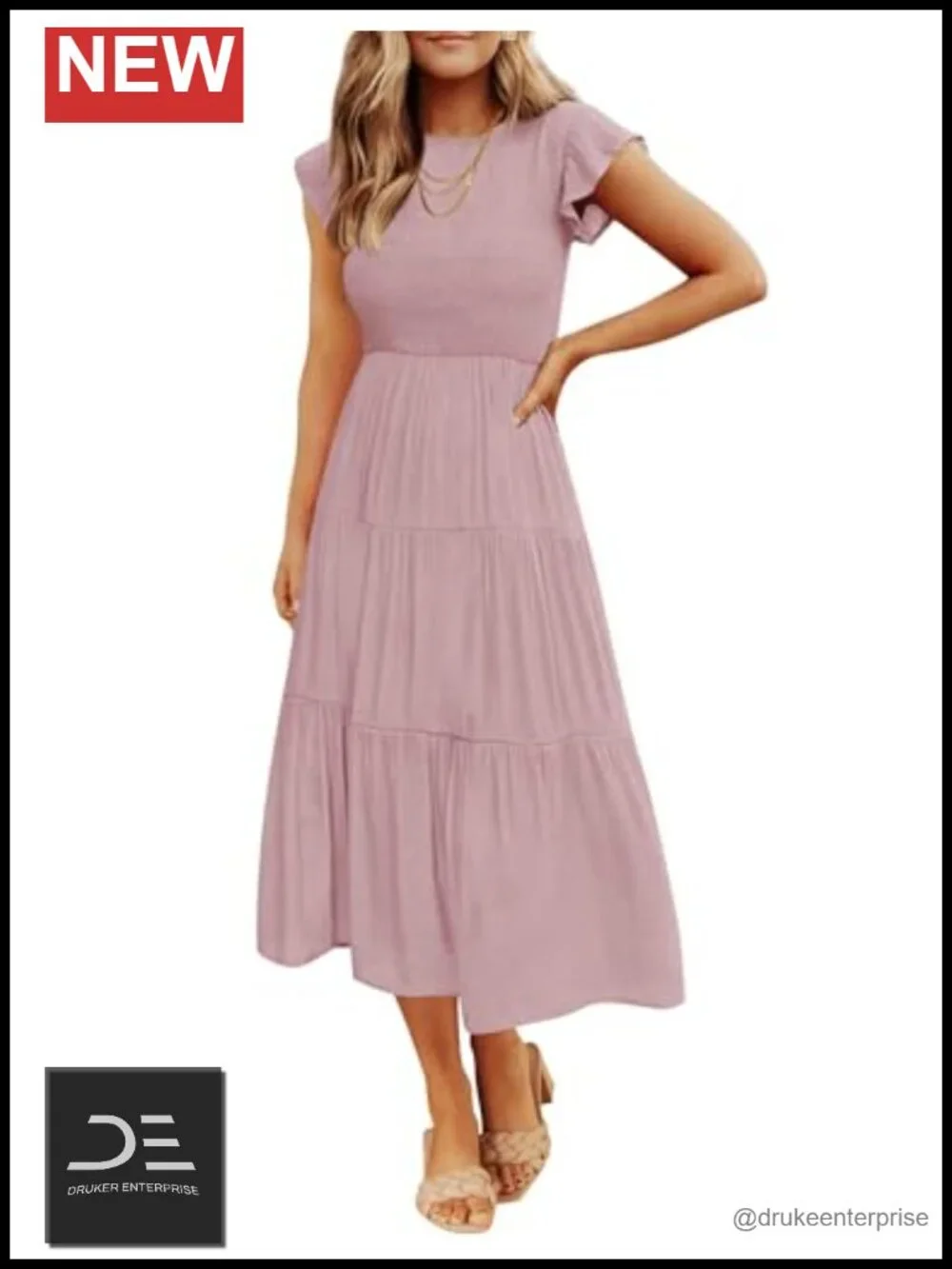 Flutter Short Sleeve Smocked Elastic Waist Tiered Midi Dress